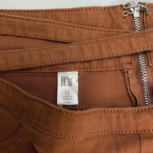 It's Flare Back Zip Criss Cross Waist Women's size 13 Long Brown Denim Jeans - Picture 3 of 4